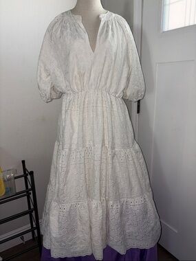 This & That White Eyelet Tiered Midi Dress with Puff Sleeves